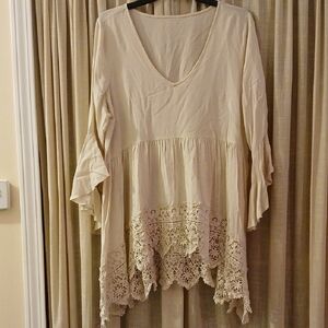 Cream Lace Trim Bell Sleeve Hi Lo Fairy Renaissance Tunic Top L